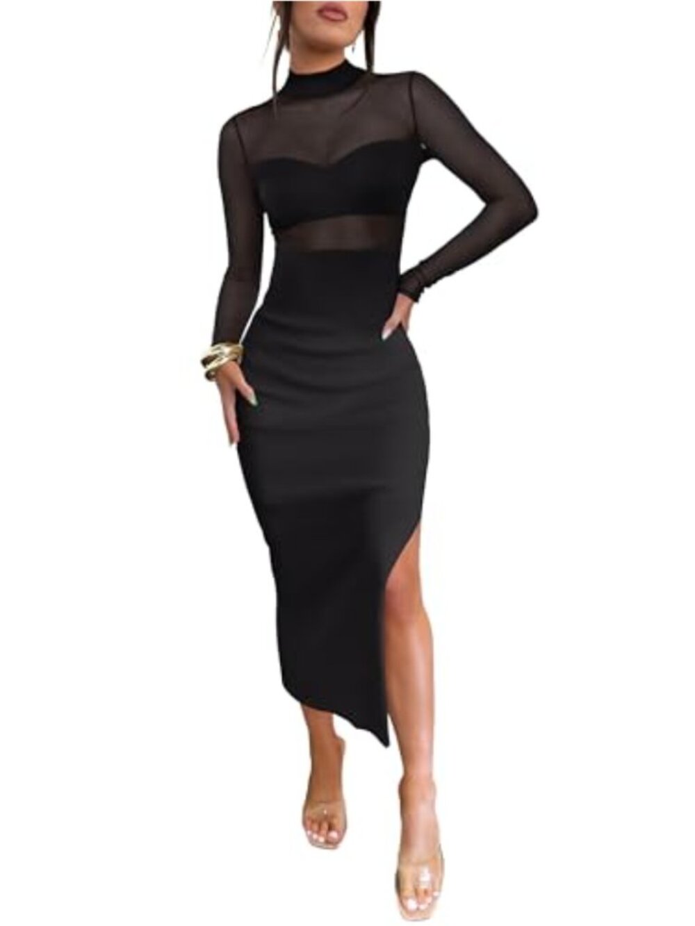 Womens Mesh Bodycon Midi Dress Set Long Sleeve Mock Neck Sexy Clubwear 3 Piece